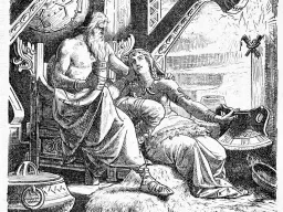 Odin mit Trinkhorn sitzt neben Gunnlöd, die nach einem großen Gefäß greift, Buchillustration von 1888