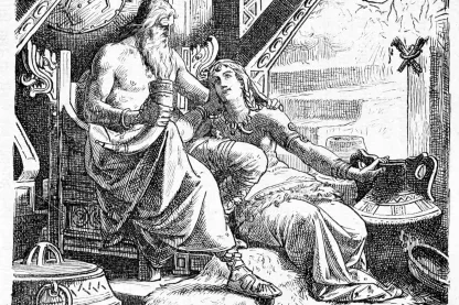 Odin mit Trinkhorn sitzt neben Gunnlöd, die nach einem großen Gefäß greift, Buchillustration von 1888