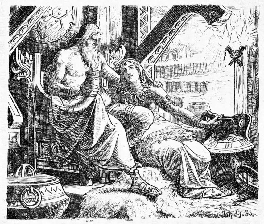 Odin mit Trinkhorn sitzt neben Gunnlöd, die nach einem großen Gefäß greift, Buchillustration von 1888