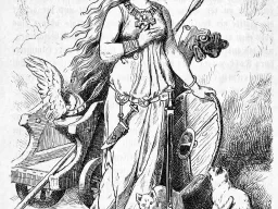 Freyja steht mit Speer und Halsschmuck vor ihrem Wagen, zu ihren Füßen sitzen zwei Katzen; Buchillustration von 1888.