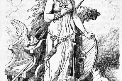 Freyja steht mit Speer und Halsschmuck vor ihrem Wagen, zu ihren Füßen sitzen zwei Katzen; Buchillustration von 1888.
