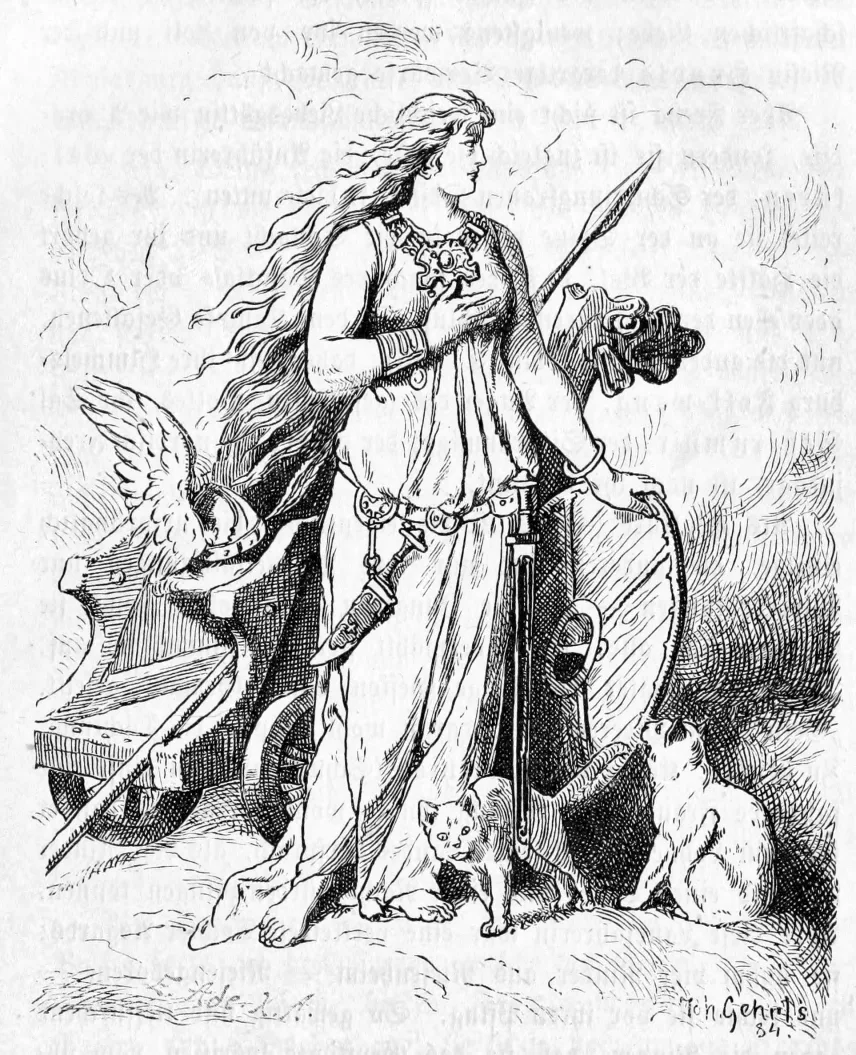 Freyja steht mit Speer und Halsschmuck vor ihrem Wagen, zu ihren Füßen sitzen zwei Katzen; Buchillustration von 1888.