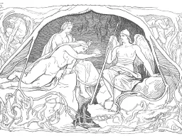 Die drei Nornen an einem Brunnen unter den Wurzeln des Weltenbaums, Schlangen im Wurzelgeflecht, Federzeichnung von 1895.