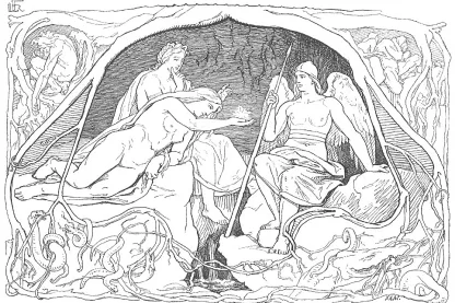 Die drei Nornen an einem Brunnen unter den Wurzeln des Weltenbaums, Schlangen im Wurzelgeflecht, Federzeichnung von 1895.