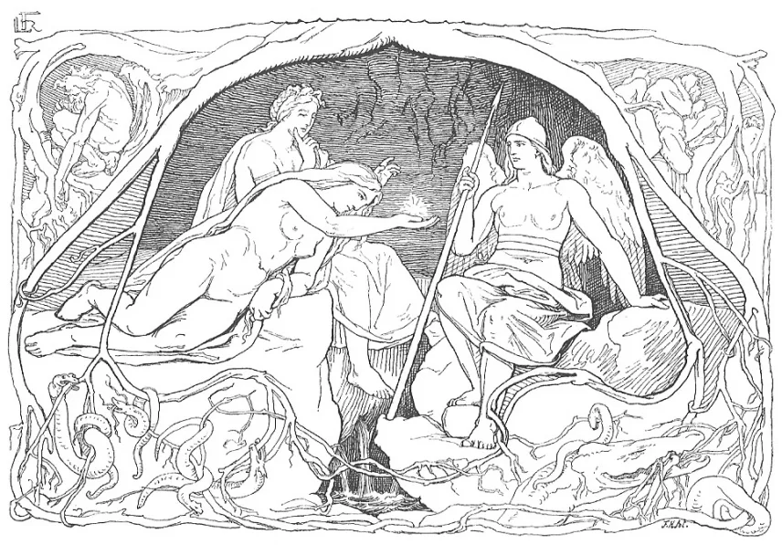 Die drei Nornen an einem Brunnen unter den Wurzeln des Weltenbaums, Schlangen im Wurzelgeflecht, Federzeichnung von 1895.