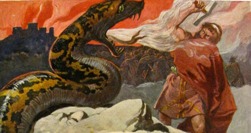 Thor mit erhobenem Hammer und die aufgebäumte Midgardschlange im Kampf, historische Buchillustration von Emil Doepler, um 1905.