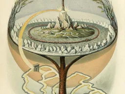 Kolorierte Tafel: Die Weltenesche Yggdrasil trägt eine Erdscheibe mit Bergen, ihre Wurzeln sind von Schlangen umschlungen, ein Regenbogen führt zu den Ästen.
