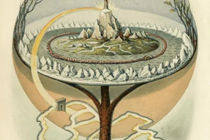 Kolorierte Tafel: Die Weltenesche Yggdrasil trägt eine Erdscheibe mit Bergen, ihre Wurzeln sind von Schlangen umschlungen, ein Regenbogen führt zu den Ästen.