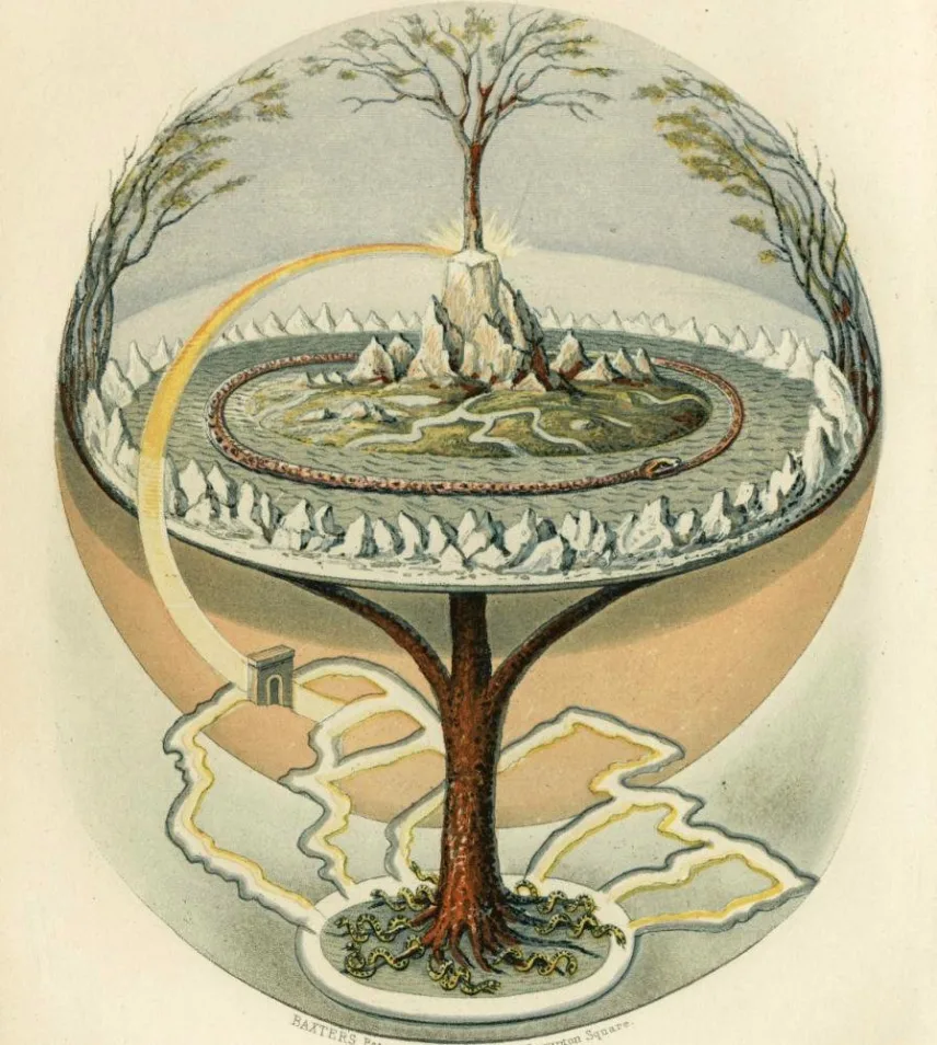 Kolorierte Tafel: Die Weltenesche Yggdrasil trägt eine Erdscheibe mit Bergen, ihre Wurzeln sind von Schlangen umschlungen, ein Regenbogen führt zu den Ästen.