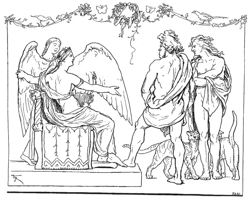 Freyja auf ihrem Sitz, dahinter eine Gestalt mit dem ausgebreiteten Federgewand, rechts zwei Männer und drei Katzen; Strichzeichnung von 1895.