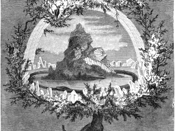 Stich: Ein Baum spannt mit den Ästen einen Bogen über eine Felseninsel im Wasser, unten wird die Wurzel zur Schlange.