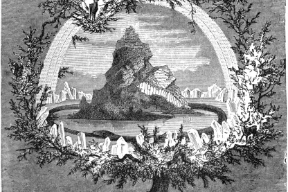 Stich: Ein Baum spannt mit den Ästen einen Bogen über eine Felseninsel im Wasser, unten wird die Wurzel zur Schlange.
