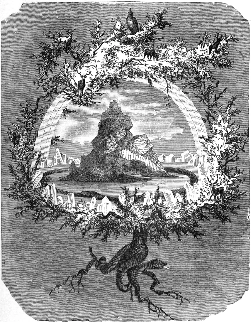 Stich: Ein Baum spannt mit den Ästen einen Bogen über eine Felseninsel im Wasser, unten wird die Wurzel zur Schlange.