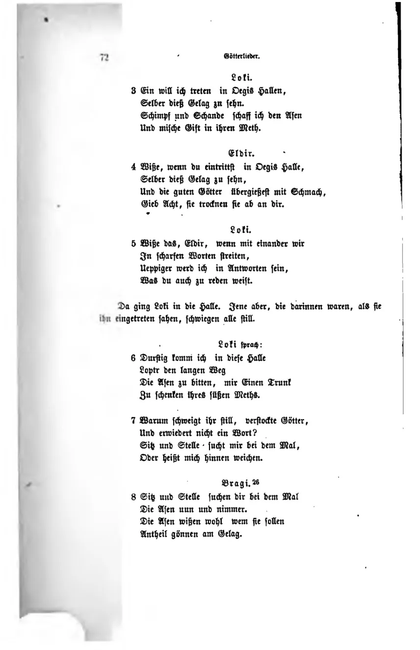 Seite 72 der Edda-Übersetzung von Karl Simrock aus dem Jahr 1876 mit den Strophen 3 bis 8 des Liedes Ögisdrecka (Lokasenna) in Fraktur