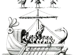 Kupferstich von 1805: Sirenen mit Vogelleib auf einer Felsklippe, während der an den Mast gebundene Odysseus mit seinem Ruderschiff vorbeifährt.