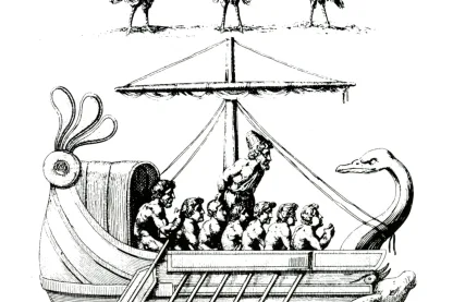Kupferstich von 1805: Sirenen mit Vogelleib auf einer Felsklippe, während der an den Mast gebundene Odysseus mit seinem Ruderschiff vorbeifährt.