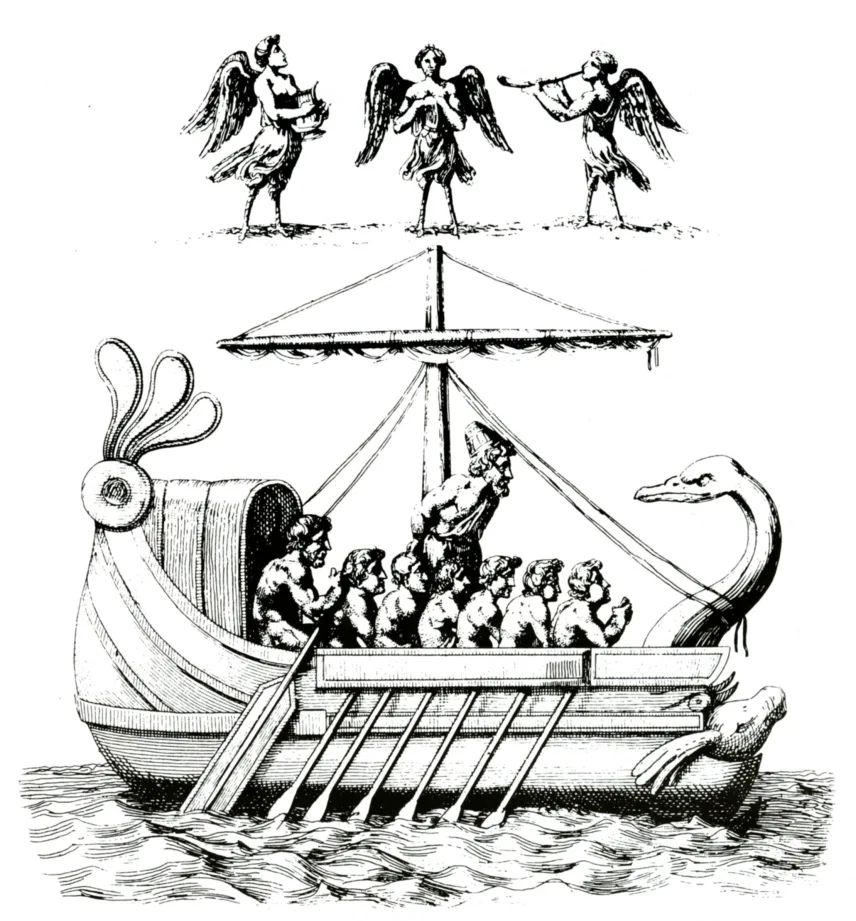 Kupferstich von 1805: Sirenen mit Vogelleib auf einer Felsklippe, während der an den Mast gebundene Odysseus mit seinem Ruderschiff vorbeifährt.