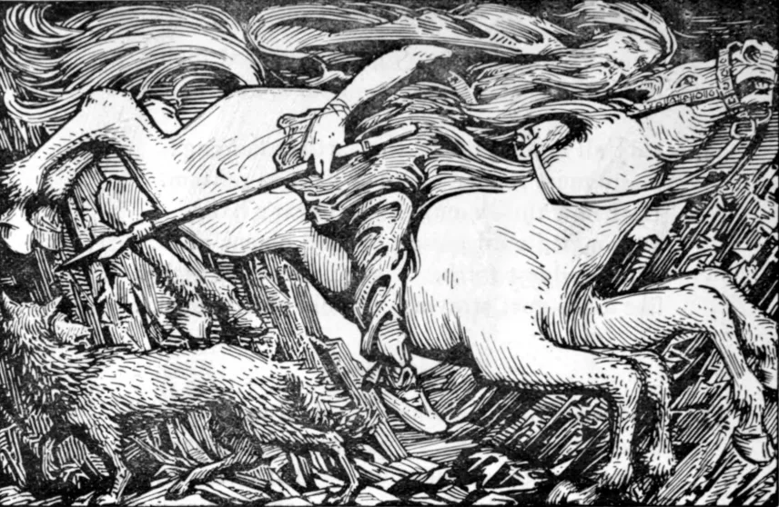 Odin reitet mit Speer und wehendem Mantel auf dem achtbeinigen Pferd, Buchillustration aus einer englischen Edda-Ausgabe von 1908