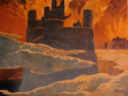 „Der Weltenbrand beim Ragnarök: brennende Asgard-Halle vor flammendem Himmel, historische Illustration einer gemeinfreien Mythologie-Ausgabe von 1905."