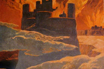 „Der Weltenbrand beim Ragnarök: brennende Asgard-Halle vor flammendem Himmel, historische Illustration einer gemeinfreien Mythologie-Ausgabe von 1905."