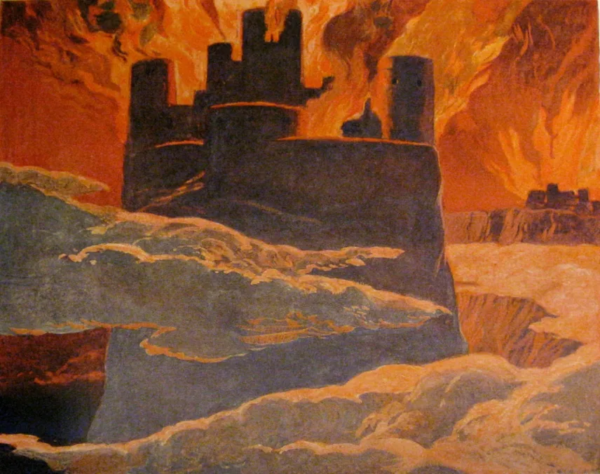 „Der Weltenbrand beim Ragnarök: brennende Asgard-Halle vor flammendem Himmel, historische Illustration einer gemeinfreien Mythologie-Ausgabe von 1905."
