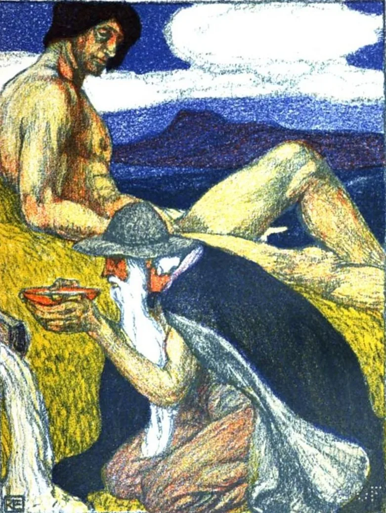 Odin mit breitem Hut hält am Brunnen der Weisheit eine Trinkschale, ihm gegenüber Mimir, Farblithografie aus einer Sagensammlung von 1903