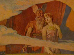 Wodan und Frea stehen an einem bogenförmigen Fenster im Himmel, sie legt die Hand auf seine Schulter, darunter Wolken; Farbtafel von Emil Doepler.