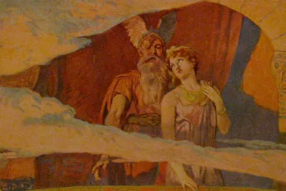 Wodan und Frea stehen an einem bogenförmigen Fenster im Himmel, sie legt die Hand auf seine Schulter, darunter Wolken; Farbtafel von Emil Doepler.