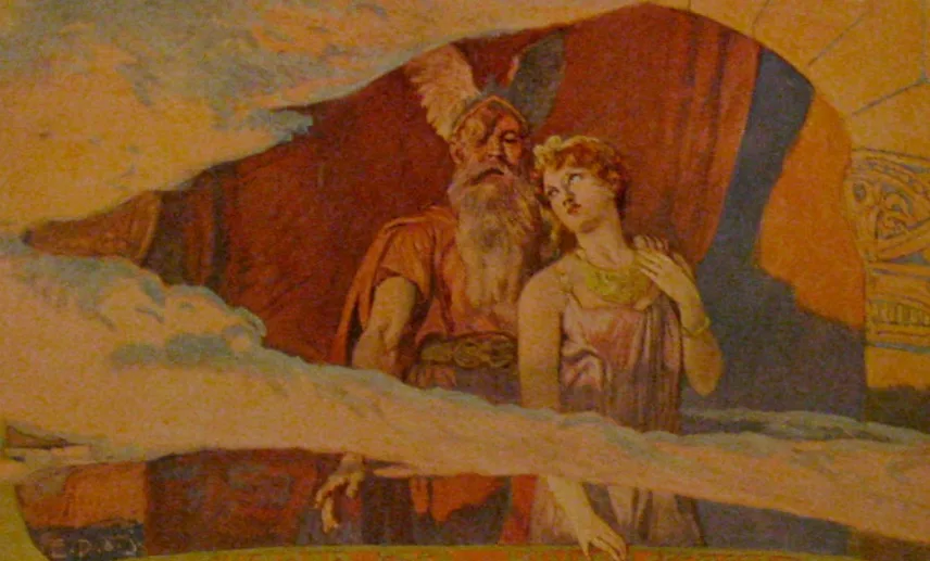 Wodan und Frea stehen an einem bogenförmigen Fenster im Himmel, sie legt die Hand auf seine Schulter, darunter Wolken; Farbtafel von Emil Doepler.