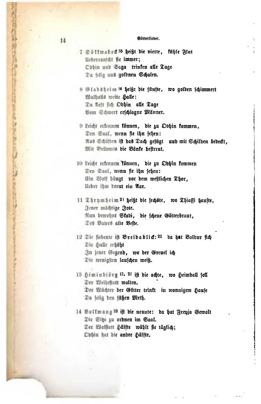 Seite 14 der Edda-Ausgabe von 1876 in Fraktur; am Fuß der Seite steht die Strophe 14 des Grimnismâl über Volkwang und den Anteil an der Walstatt.