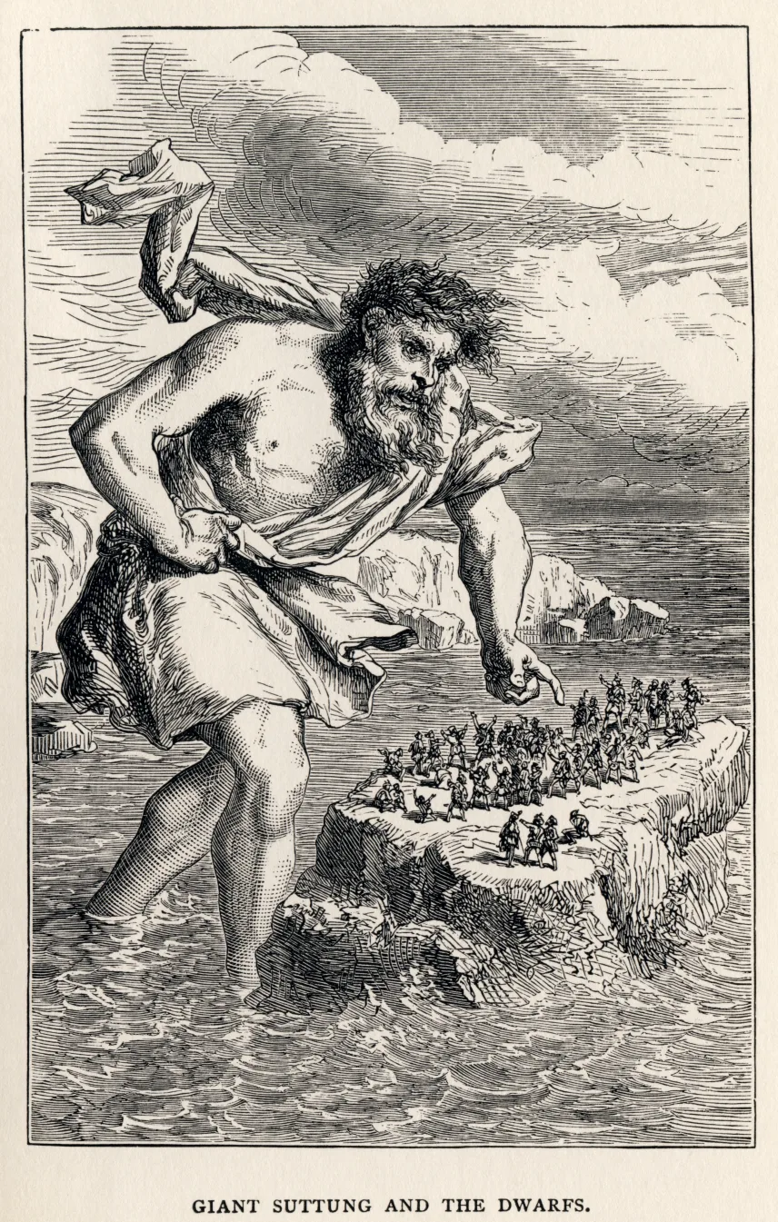 Riese Suttung und die Zwerge auf einer Felsklippe im eisigen Meer, historische Buchillustration einer gemeinfreien Mythologie-Ausgabe von 1900.