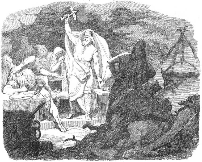 Thor im langen Gewand mit Schleier hebt den Hammer, links eine Festtafel mit einer zusammengesunkenen Gestalt, Lithographie nach Mårten Eskil Winge von 1865