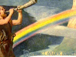 Heimdall bläst das Gjallarhorn vor der farbigen Brücke Bifröst, die zu einem Turm auf dem Felsen führt.
