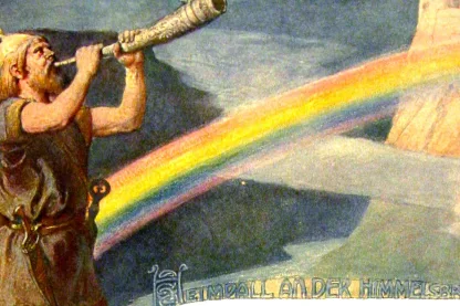 Heimdall bläst das Gjallarhorn vor der farbigen Brücke Bifröst, die zu einem Turm auf dem Felsen führt.