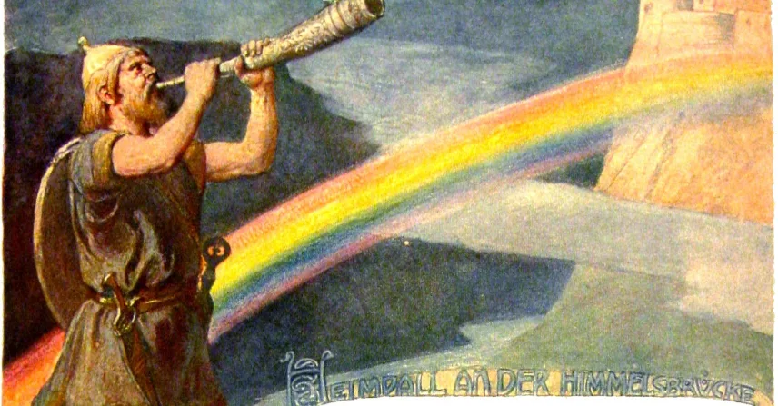 Heimdall bläst das Gjallarhorn vor der farbigen Brücke Bifröst, die zu einem Turm auf dem Felsen führt.