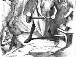Mehrere Zwerge mit Hämmern in einer Höhle bei der Arbeit, Stichillustration aus einer nordischen Sagensammlung von 1871.