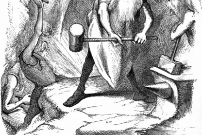 Mehrere Zwerge mit Hämmern in einer Höhle bei der Arbeit, Stichillustration aus einer nordischen Sagensammlung von 1871.