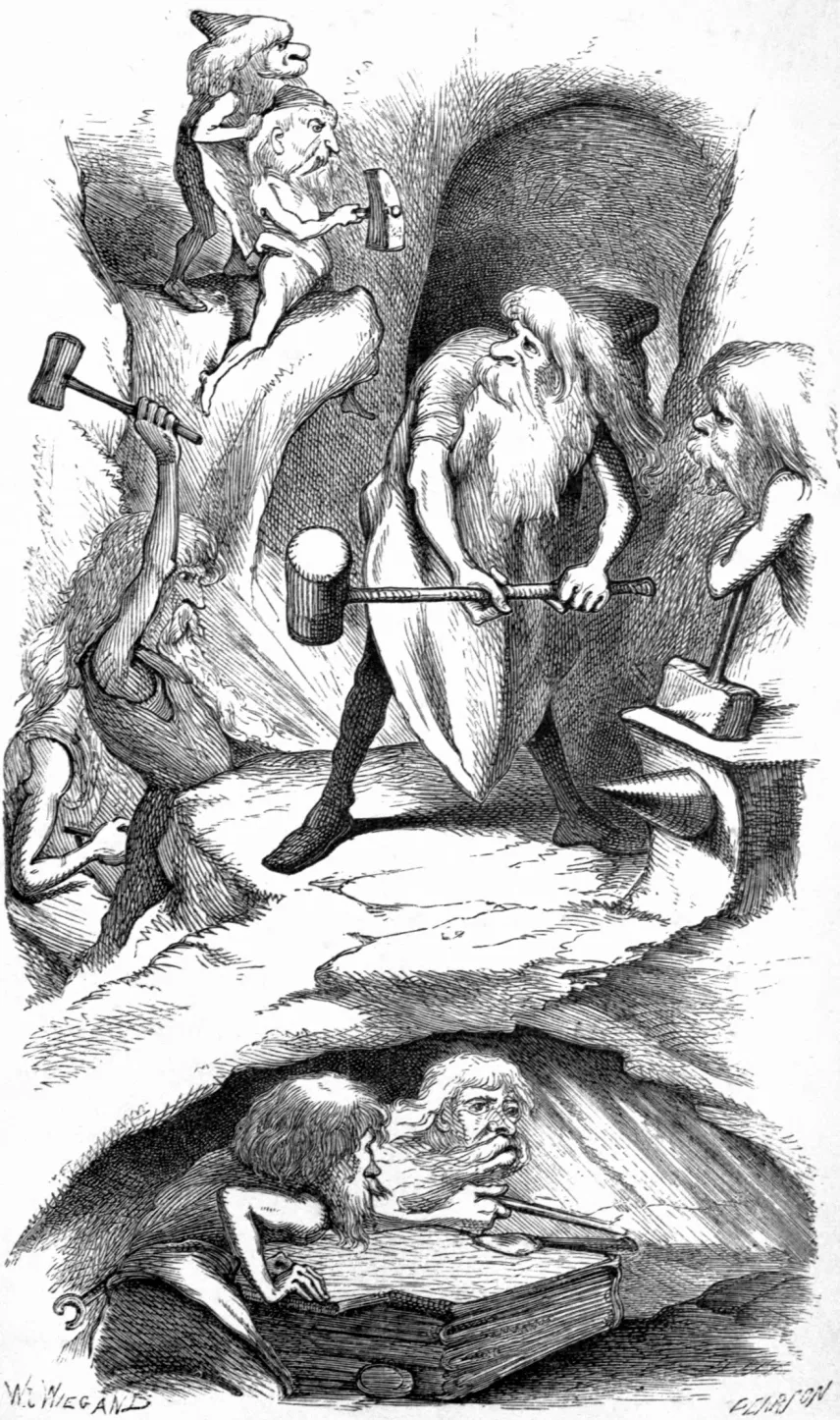 Mehrere Zwerge mit Hämmern in einer Höhle bei der Arbeit, Stichillustration aus einer nordischen Sagensammlung von 1871.