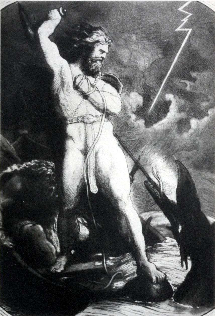 Thor mit erhobenem Arm vor einem Blitz, davor der kauernde Riese Hymir, rechts die Midgardschlange mit der Angelschnur im Maul, Buchillustration von Lorenz Frølich aus dem Jahr 1906