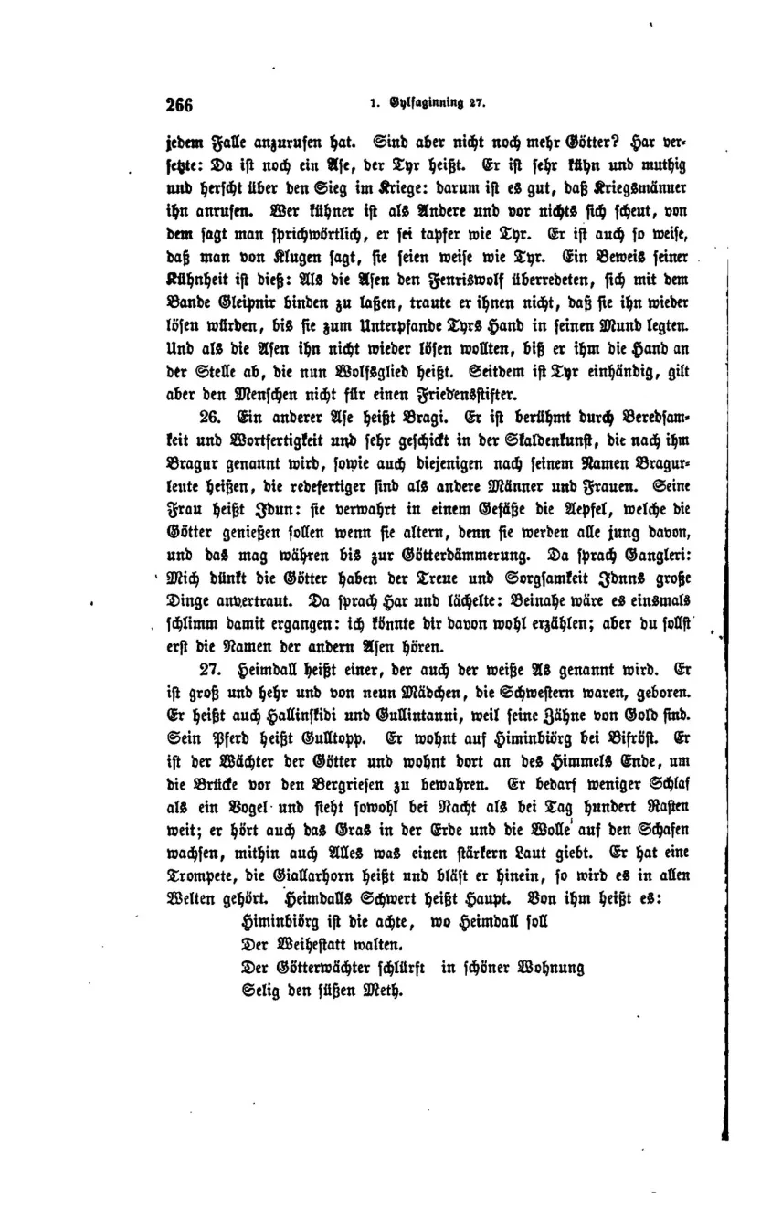 Druckseite 266 der Edda-Übersetzung von Karl Simrock aus dem Jahr 1876 mit der zitierten Textstelle zu Tyr in Fraktur-Druckschrift