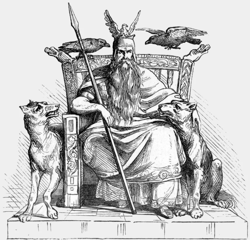 Odin sitzt mit dem Speer auf dem Thron, begleitet von zwei Raben und zwei Wölfen, Buchillustration aus einem Mythologie-Handbuch von 1874