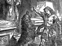 Buchillustration von 1891: Tyr reicht dem sich aufrichtenden Fenriswolf ein Stück Fleisch, im Hintergrund steht eine gekrönte Gestalt.