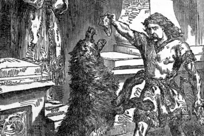 Buchillustration von 1891: Tyr reicht dem sich aufrichtenden Fenriswolf ein Stück Fleisch, im Hintergrund steht eine gekrönte Gestalt.