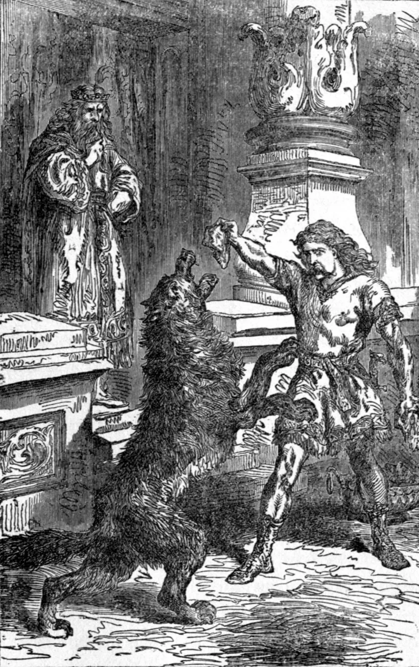 Buchillustration von 1891: Tyr reicht dem sich aufrichtenden Fenriswolf ein Stück Fleisch, im Hintergrund steht eine gekrönte Gestalt.