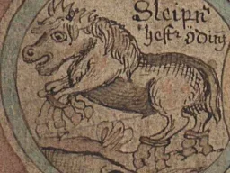 Historische Tuschezeichnung: Pferd ohne Reiter im runden Bildfeld, beschriftet „Sleipn[ir] hestr Óðins“ (Odins Pferd)