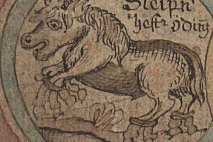 Historische Tuschezeichnung: Pferd ohne Reiter im runden Bildfeld, beschriftet „Sleipn[ir] hestr Óðins“ (Odins Pferd)
