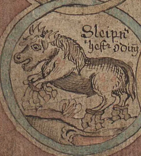 Historische Tuschezeichnung: Pferd ohne Reiter im runden Bildfeld, beschriftet „Sleipn[ir] hestr Óðins“ (Odins Pferd)