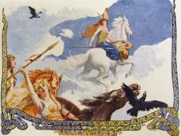 Walküre in geflügeltem Helm reitet auf weißem Pferd durch Wolken, begleitet von Raben und einer Gefährtin mit Speer und rundem Schild.