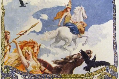 Walküre in geflügeltem Helm reitet auf weißem Pferd durch Wolken, begleitet von Raben und einer Gefährtin mit Speer und rundem Schild.
