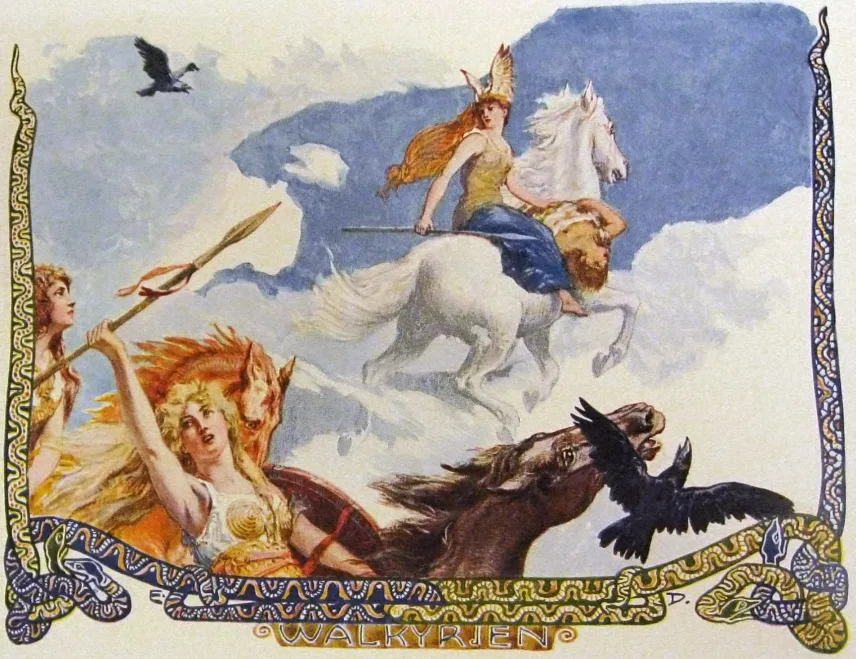 Walküre in geflügeltem Helm reitet auf weißem Pferd durch Wolken, begleitet von Raben und einer Gefährtin mit Speer und rundem Schild.